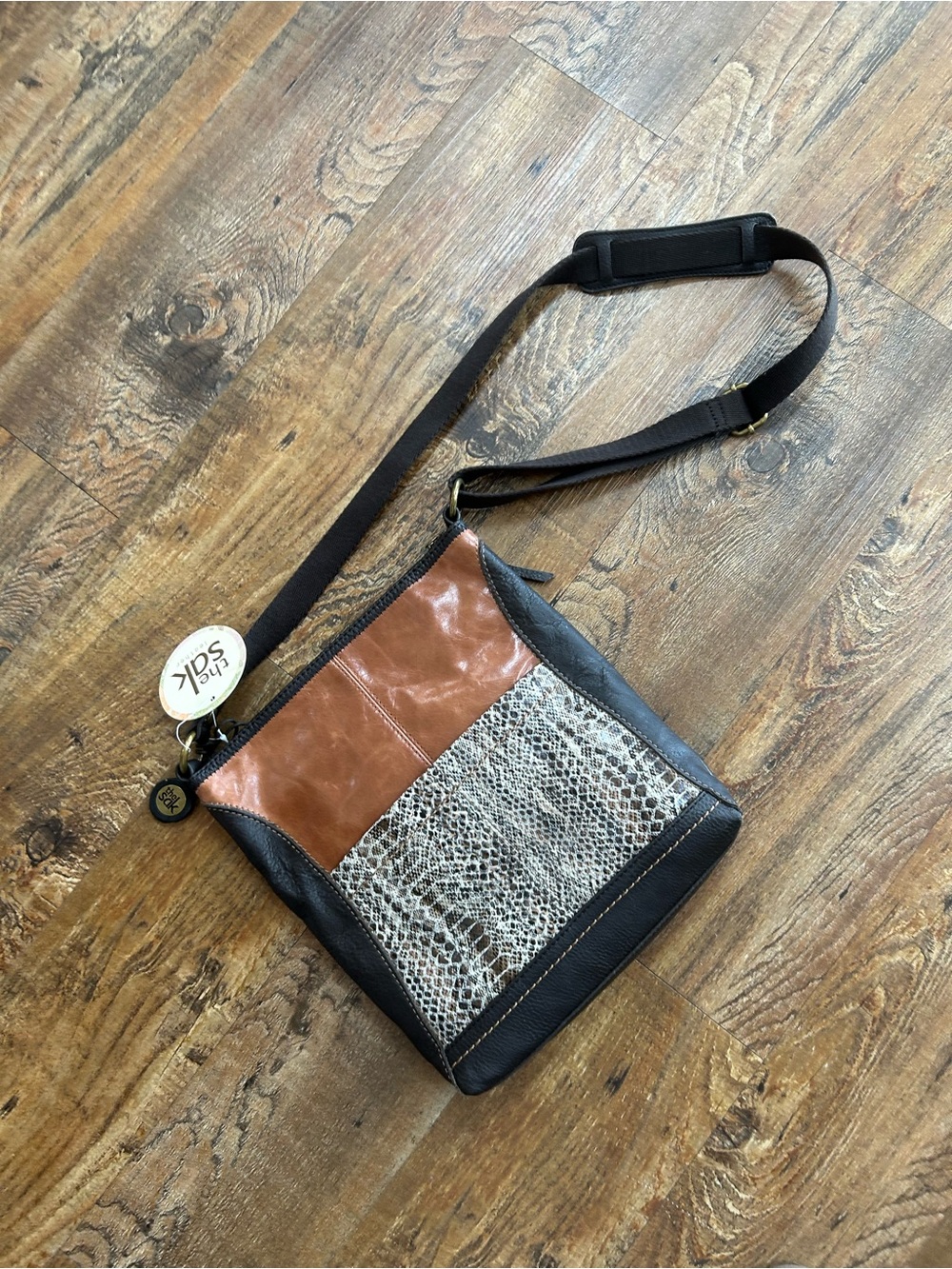 Multi-Texture Crossbody Bag in Black, Brown & Cream leather purse